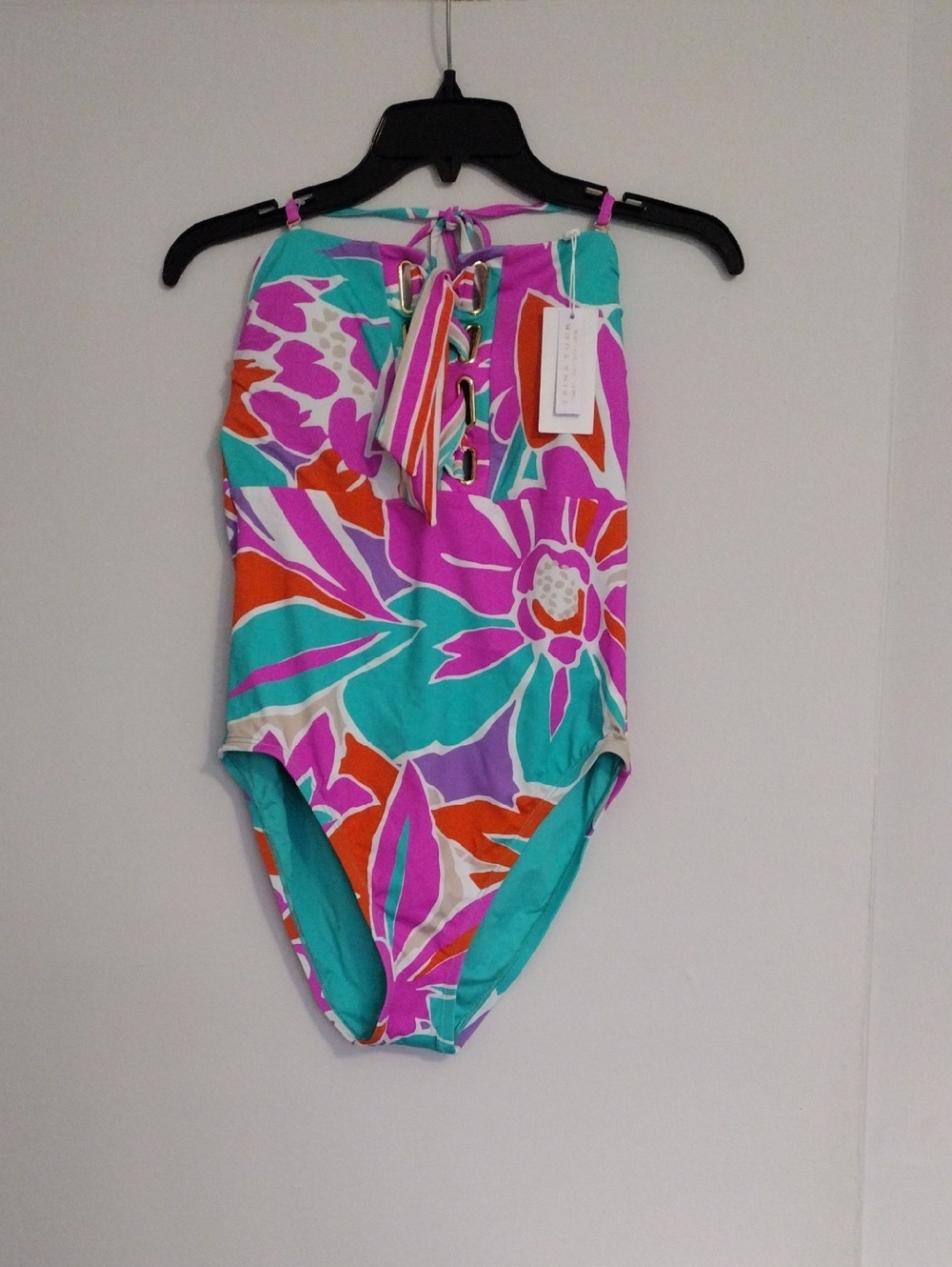 Trina Turk Pink, Teal & Orange Floral Lace-Up One-Piece
